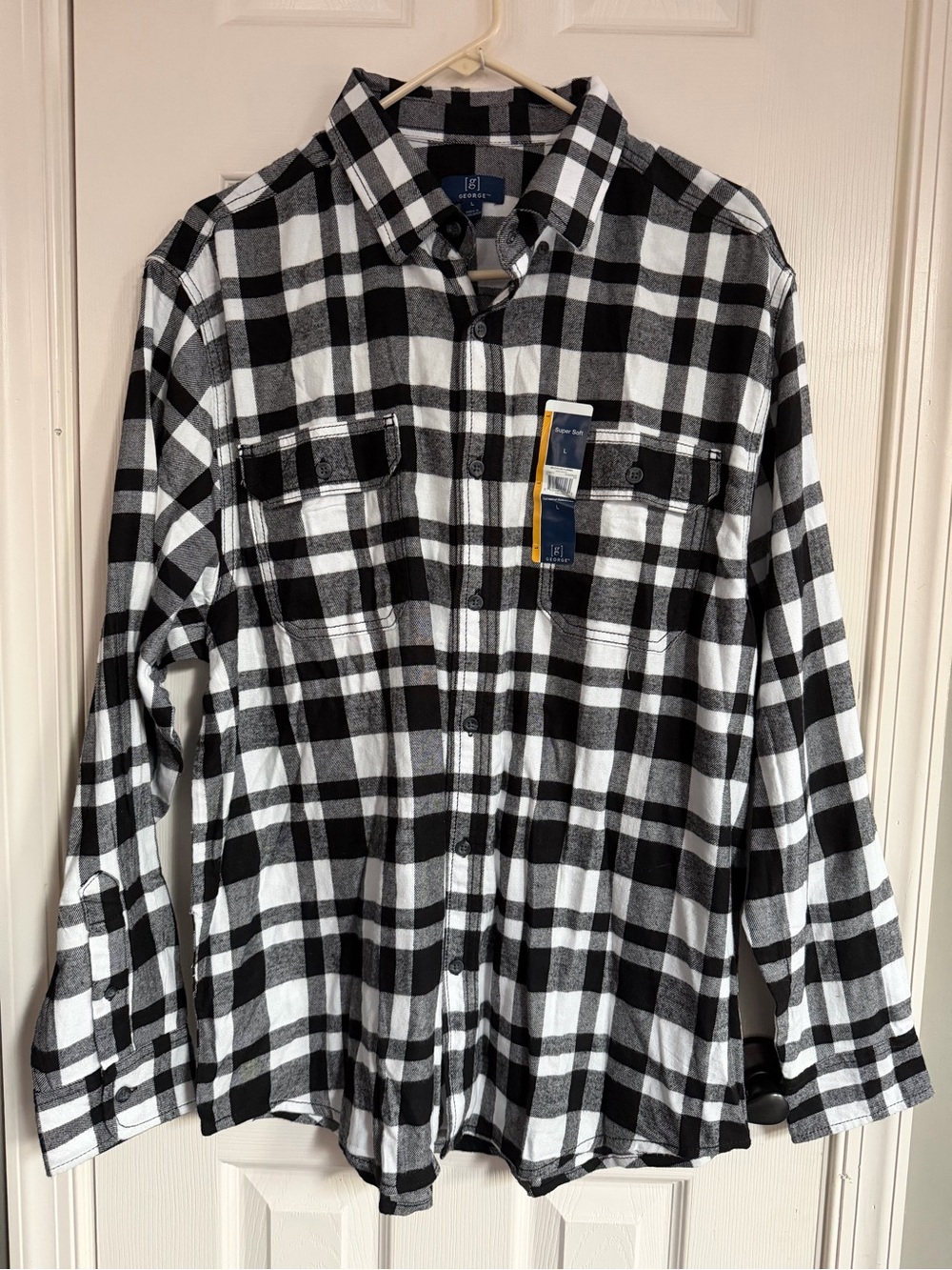 NWT men’s George Black and White Plaid flannel pockets Button-Down Shirt warm L - Picture 1 of 5